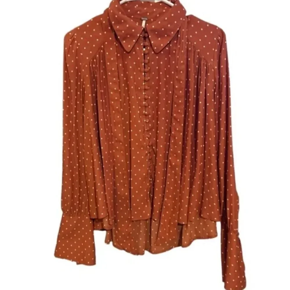 Free People New World Dotted Blouse in Autumn orange combo size X-Small